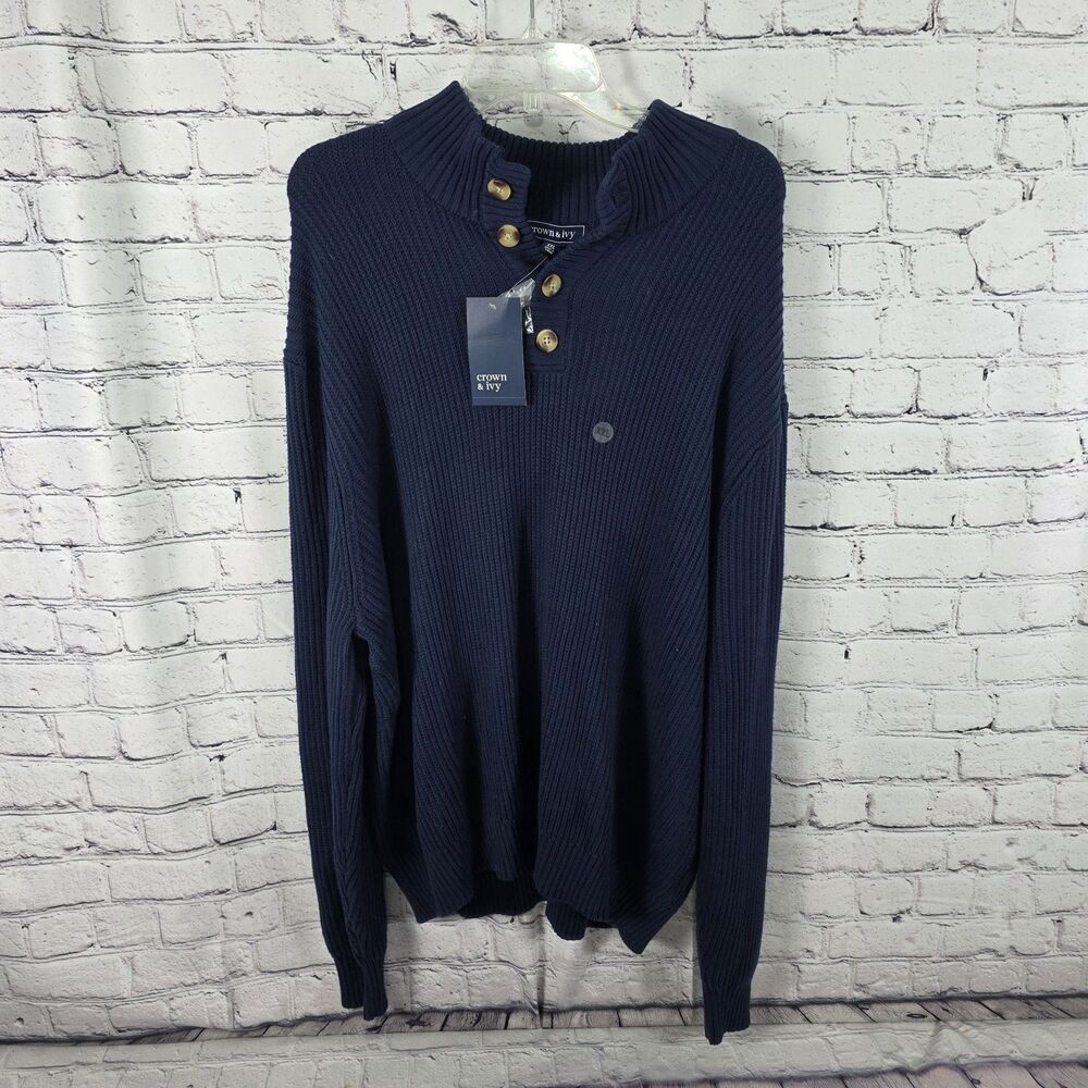 Crown & Ivy Men’s XXL Navy Blue Kennebunkport Pullover 1/4 Button Sweater